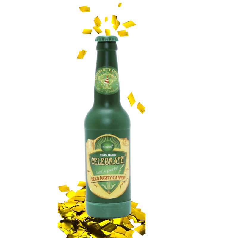 CAÑON CONFETIS DORADO EN FORMA BOTELLA CERVEZA