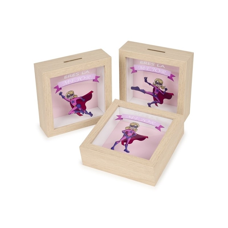 HUCHA MADERA HÉROE NIÑA