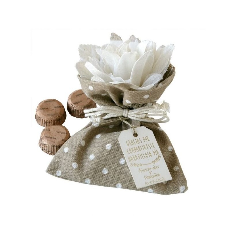 SAQUITO TOPOS CON 4 BOMBONES Y FLOR