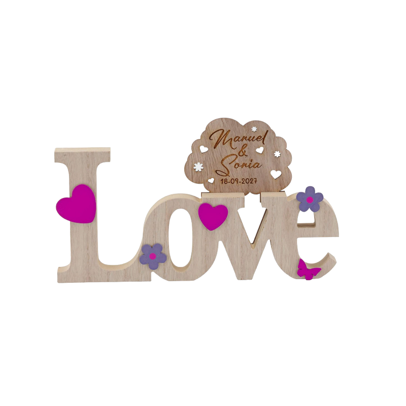 DECORACIÓN "LOVE" MADERA FLORES Y CORAZONES PERSONALIZADA