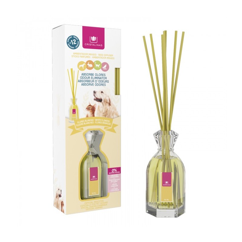 MIKADO CRISTALINAS ABSORBE OLORES MASCOTAS FLORES BLANCAS 90ML.