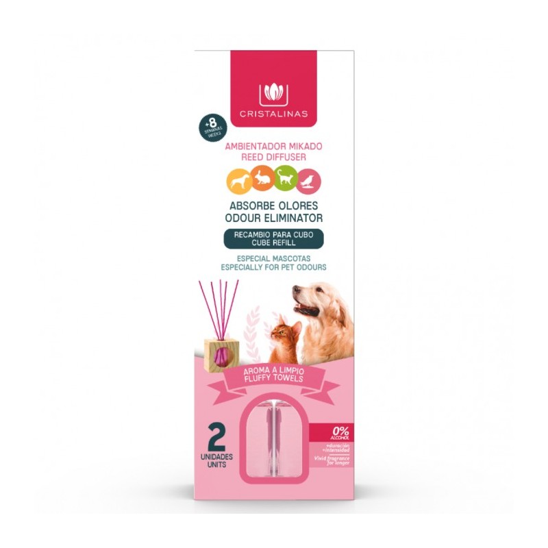 RECAMBIO MIKADO CRISTALINAS ABSORBE OLORES MASCOTAS 2X30ML. AROMA A LIMPIO