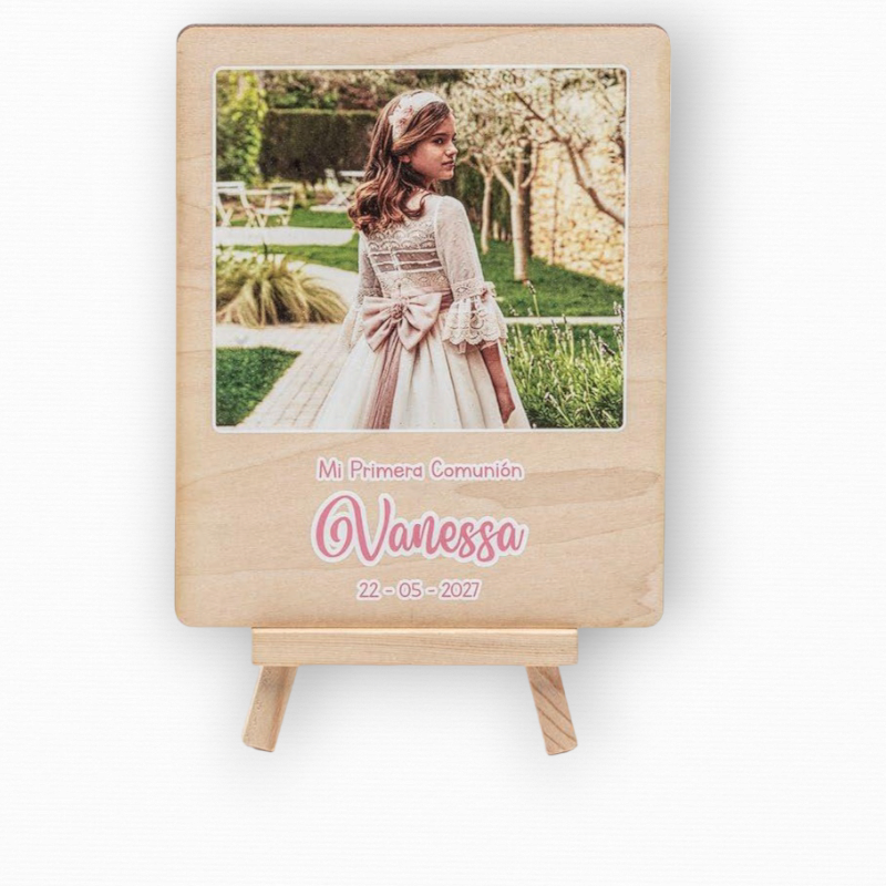 PORTAFOTOS CABALLETE MADERA PERSONALIZADO CON FOTO IMPRESA LETRAS ROSAS