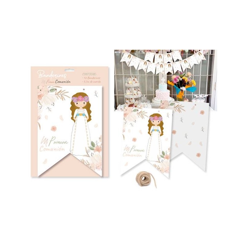 DISPLAY CON 12 BANDERINES PRIMERA COMUNIÓN NIÑA