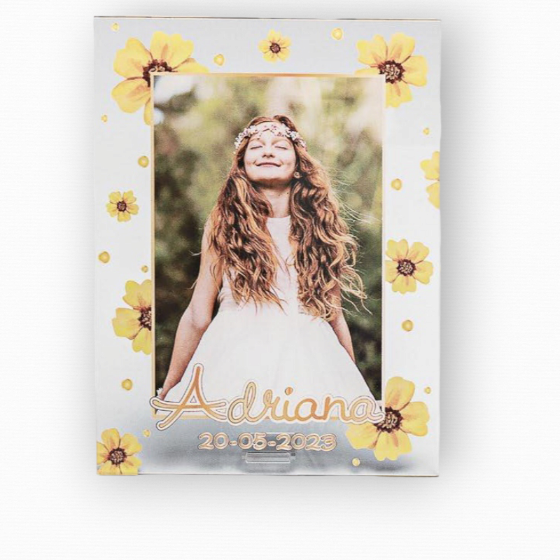 PORTAFOTOS METACRILATO FLORES AMARILLAS PERSONALIZADO CON FOTO IMPRESA LETRAS ROSAS