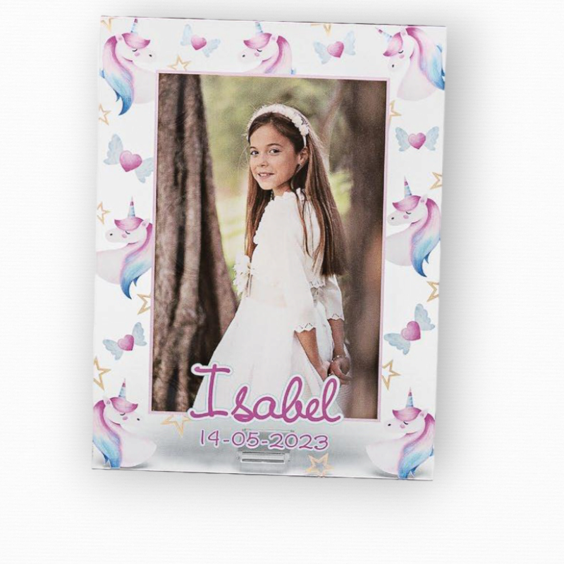 PORTAFOTOS METACRILATO UNICORNIOS PERSONALIZADO CON FOTO IMPRESA LETRAS ROSAS