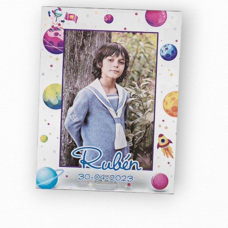 PORTAFOTOS METACRILATO PLANETAS PERSONALIZADO CON FOTO IMPRESA LETRAS AZULES
