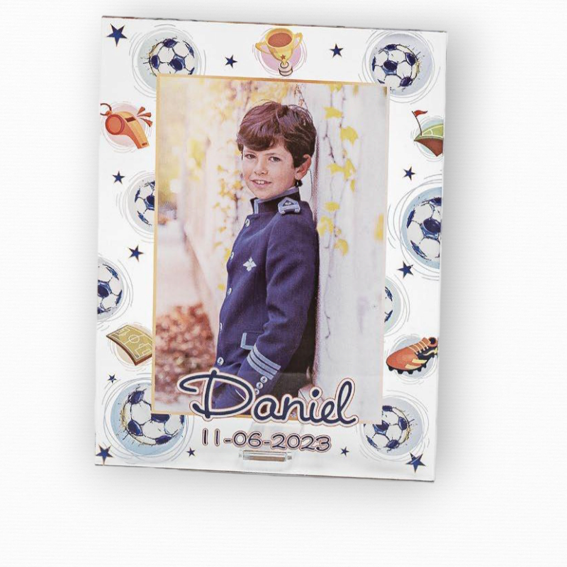 PORTAFOTOS METACRILATO FUTBOL PERSONALIZADO CON FOTO IMPRESA LETRAS AZULES