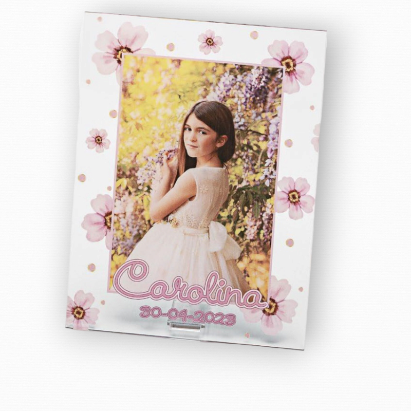 PORTAFOTOS METACRILATO FLORES ROSAS PERSONALIZADO CON FOTO IMPRESA LETRAS ROSAS