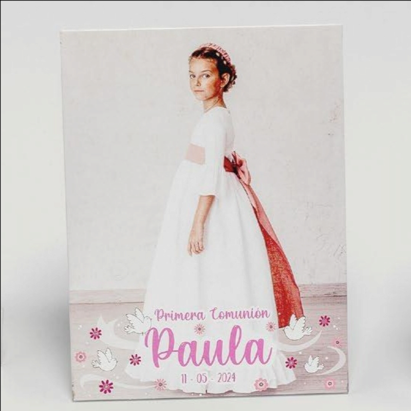 PORTAFOTOS MADERA PERSONALIZADO CON FOTO IMPRESA COMUNIÓN LETRAS ROSAS