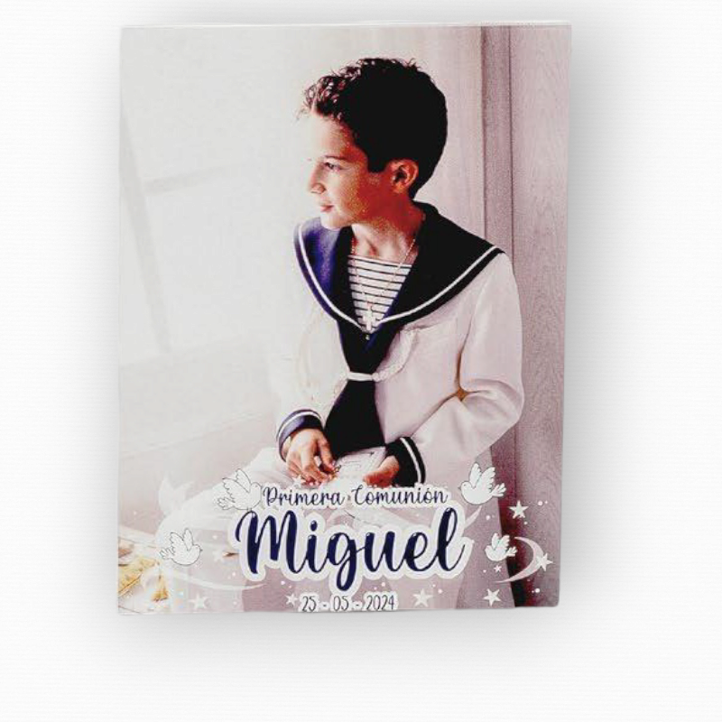 PORTAFOTOS MADERA PERSONALIZADO CON FOTO IMPRESA COMUNIÓN LETRAS AZULES