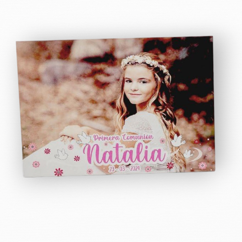 PORTAFOTOS MADERA PERSONALIZADO CON FOTO IMPRESA COMUNIÓN LETRAS ROSAS