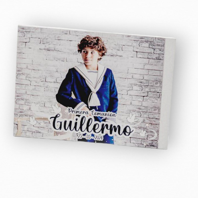 PORTAFOTOS MADERA PERSONALIZADO CON FOTO IMPRESA COMUNIÓN LETRAS AZULES