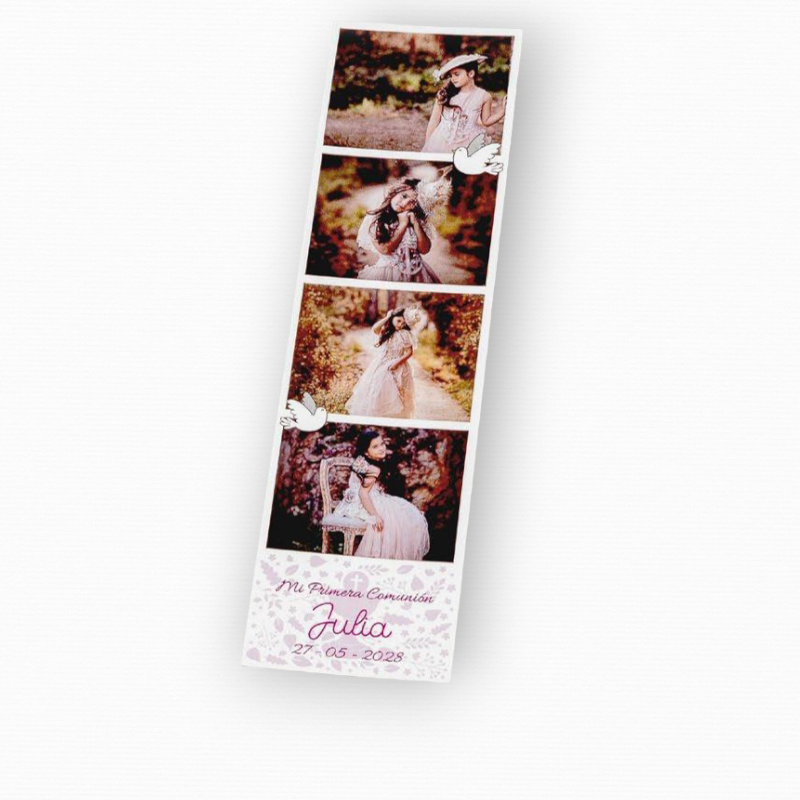 IMÁN TIRA FOTOMATÓN PERSONALIZADO 4 FOTOS MOTIVOS COMUNIÓN LETRAS ROSAS