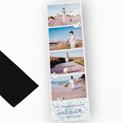IMÁN TIRA FOTOMATÓN PERSONALIZADO 4 FOTOS MOTIVOS COMUNIÓN LETRAS AZULES