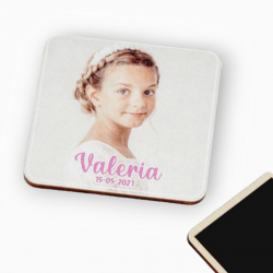 IMÁN MADERA PERSONALIZADO CON FOTO IMPRESA COMUNIÓN LETRAS ROSAS