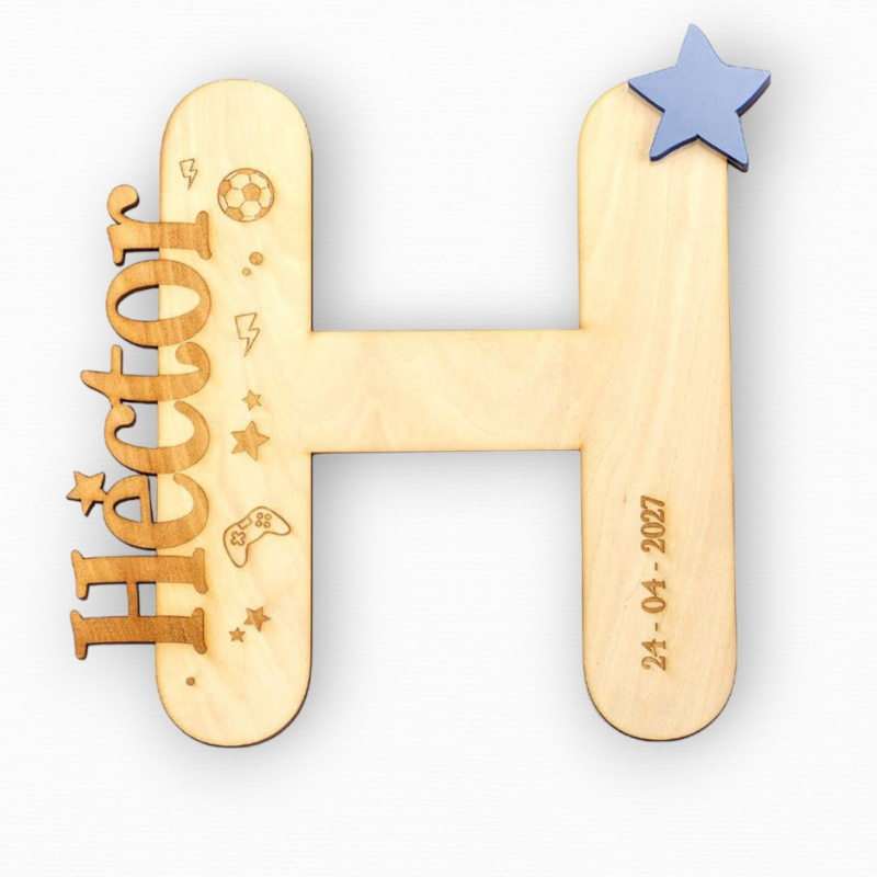 INICIAL CON NOMBRE PERSONALIZADA MADERA Y METACRILATO AZUL DECORACIÓN PARED