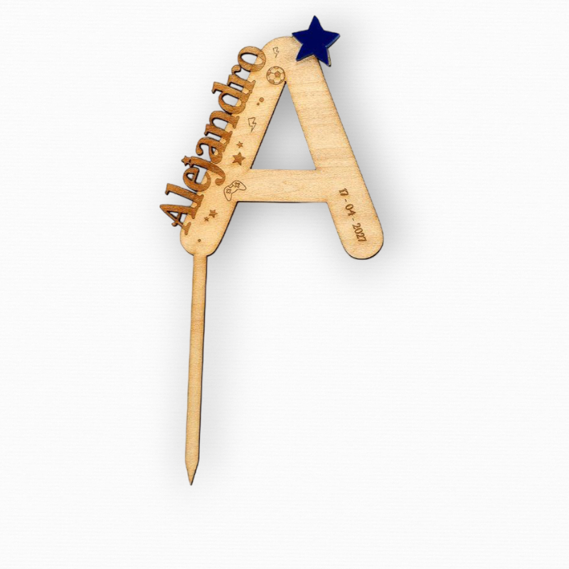 INICIAL CON NOMBRE MADERA PERSONALIZADA METACRILATO AZUL PARA TARTA