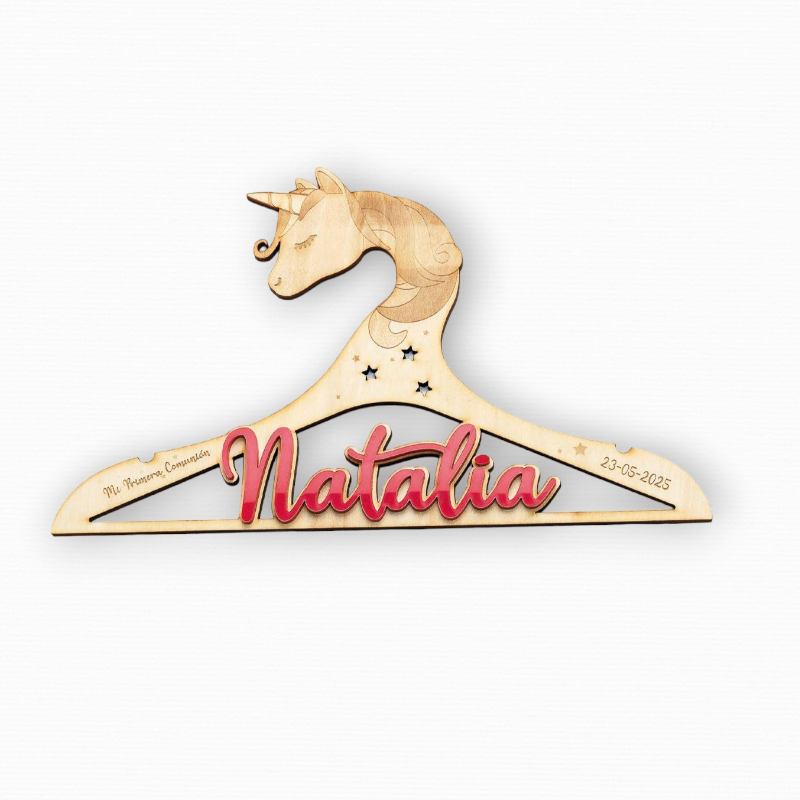 PERCHA UNICORNIO MADERA NOMBRE METACRILATO FUCSIA PERSONALIZADA FECHA