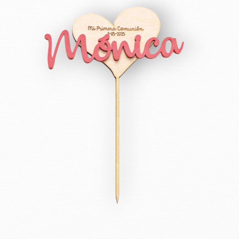 CORAZÓN MADERA NOMBRE METACRILATO FUCSIA PERSONALIZADO FECHA PARA LA TARTA
