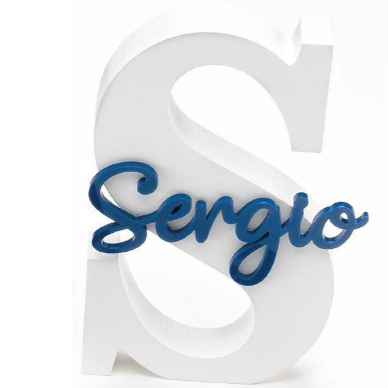INICIAL MADERA LACADA BLANCA PERSONALIZADA CON NOMBRE METACRILATO AZUL