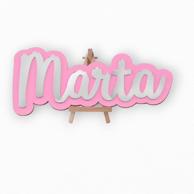 NOMBRE PERSONALIZADO MADERA ROSA Y ESPEJO CON SOPORTE