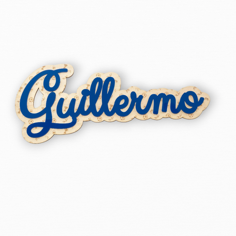 NOMBRE DECORACIÓN PARED MADERA Y METACRILATO AZUL PERSONALIZADO