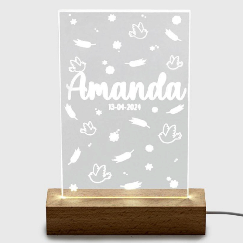 LÁMPARA LED COMUNIÓN PERSONALIZADA METACRILATO BASE MADERA USB