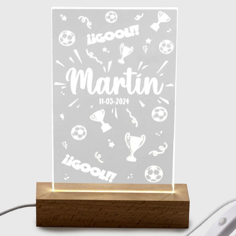 LÁMPARA LED FUTBOL PERSONALIZADA METACRILATO BASE MADERA USB