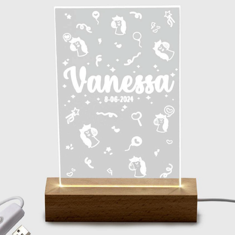 LÁMPARA LED UNICORNIOS PERSONALIZADA METACRILATO BASE MADERA USB