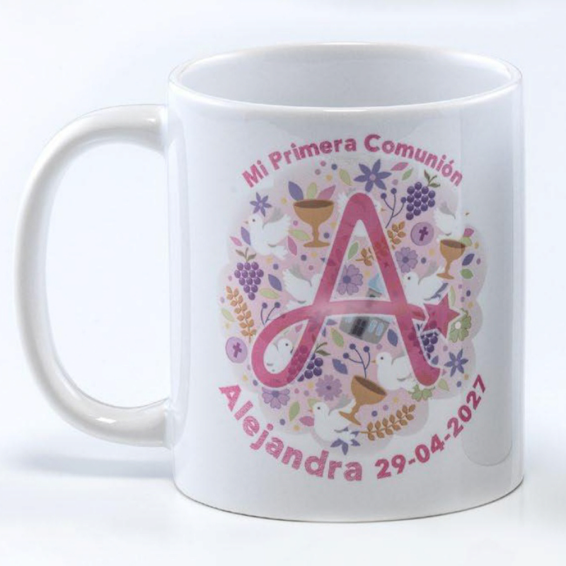 TAZA COMUNIÓN ROSA PERSONALIZADA INICIAL CON CAJA DE REGALO