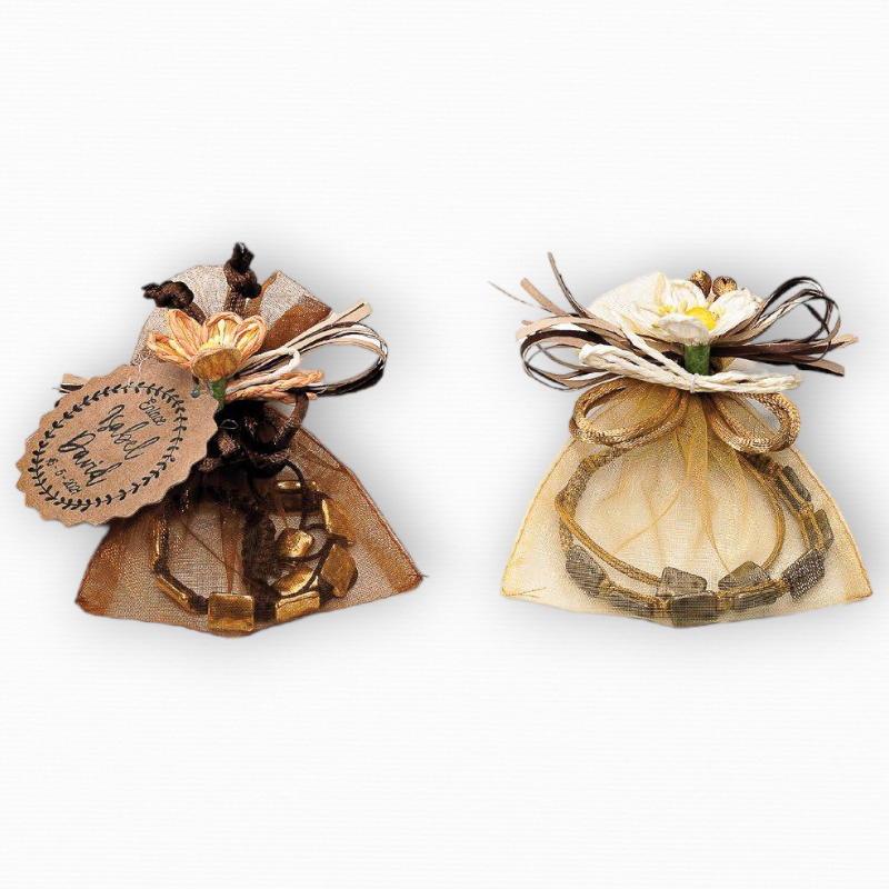 PULSERA CORDÓN PIEDRAS METAL CON BOLSA Y FLOR