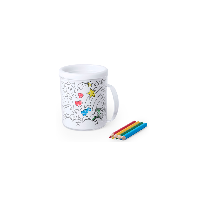 TAZA PARA COLOREAR 320 ML + 4 LÁMINAS + LÁPICES