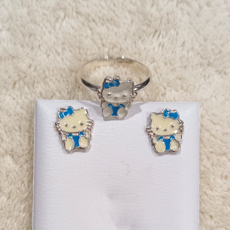 CONJUNTO PLATA GATITA LAZO AZUL