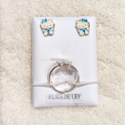 CONJUNTO PLATA GATITA LAZO AZUL