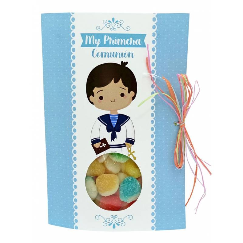 TARJETA FELIZ DÍA COMUNIÓN NIÑO CON GOMINOLAS 40 GR.