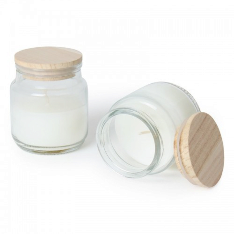 VELA BLANCA EN TARRO CRISTAL TAPA MADERA