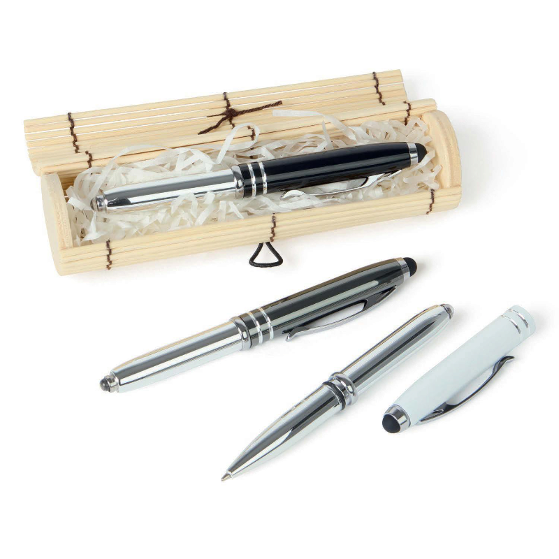 BOLÍGRAFO LINTERNA EN CAJA DE BAMBÚ