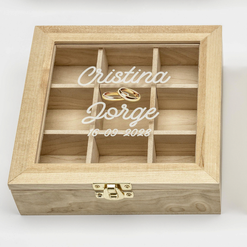JOYERO MADERA ANILLOS PERSONALIZADO NOVIOS Y FECHA