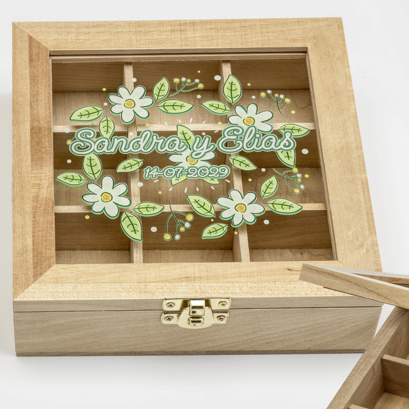 JOYERO MADERA FLORES PERSONALIZADO NOVIOS Y FECHA