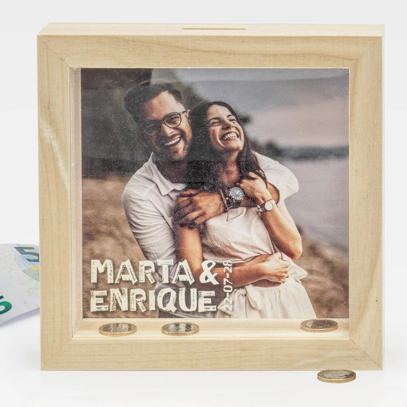 HUCHA MADERA FOTO PERSONALIZADA NOMBRES NOVIOS Y FECHA