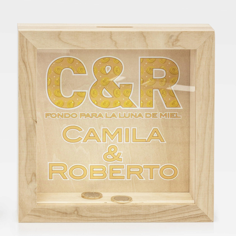 HUCHA MADERA INICIALES PERSONALIZADA NOVIOS