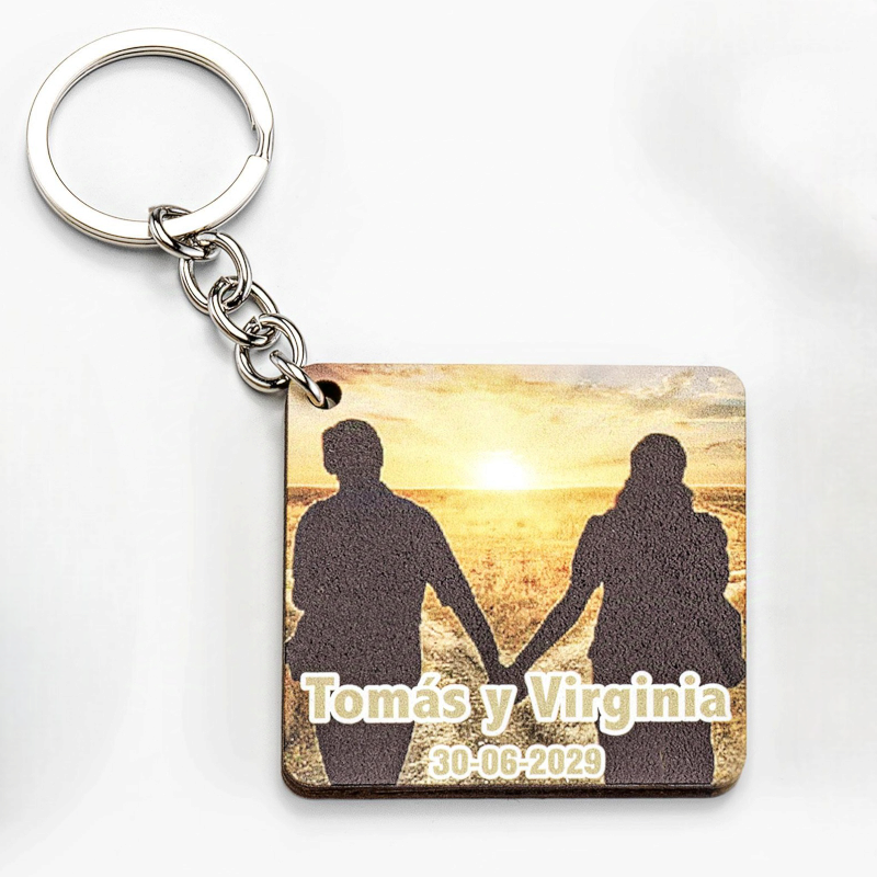 LLAVERO MADERA FOTO PERSONALIZADO NOMBRES NOVIOS Y FECHA
