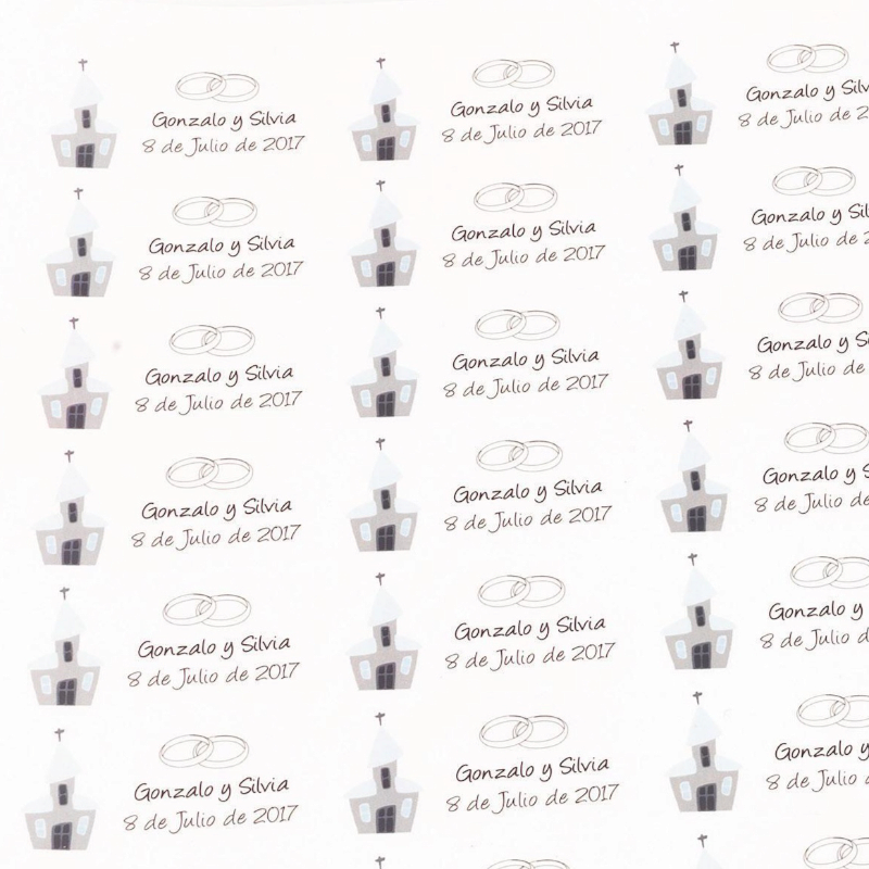 SET 44 ETIQUETAS ADHESIVAS TRANSPARENTES GRABADAS IGLESIA BODA