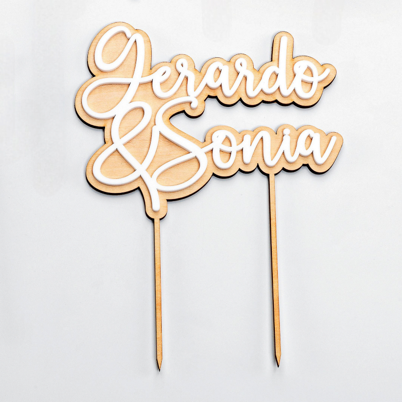 DECORACIÓN PARA TARTA NOMBRES MADERA Y METACRILATO BLANCO