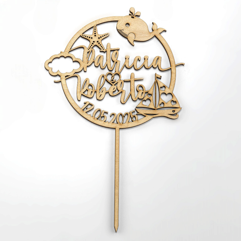 DECORACIÓN PARA TARTA MADERA VELERO CORAZONES PERSONALIZADA