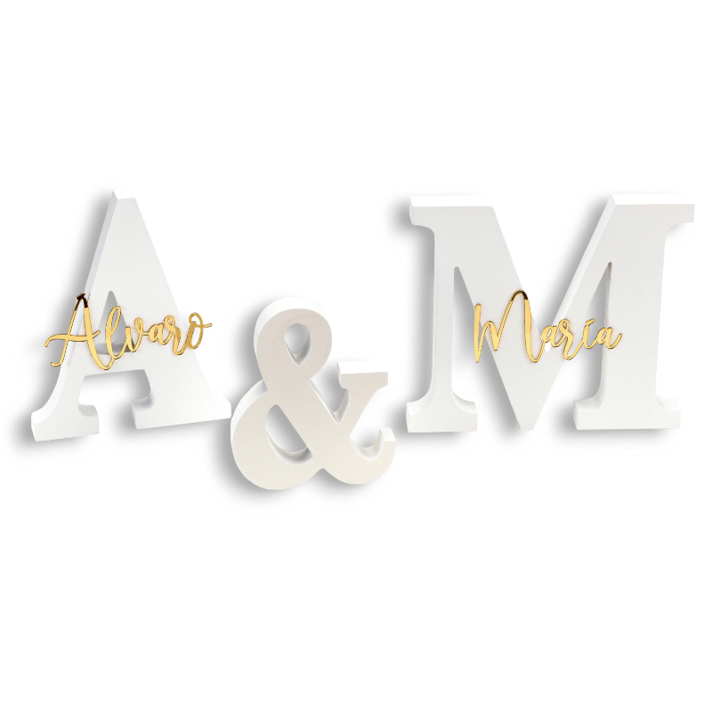 INICIALES MADERA BLANCA PERSONALIZADAS CON NOMBRES CRISTAL DORADO